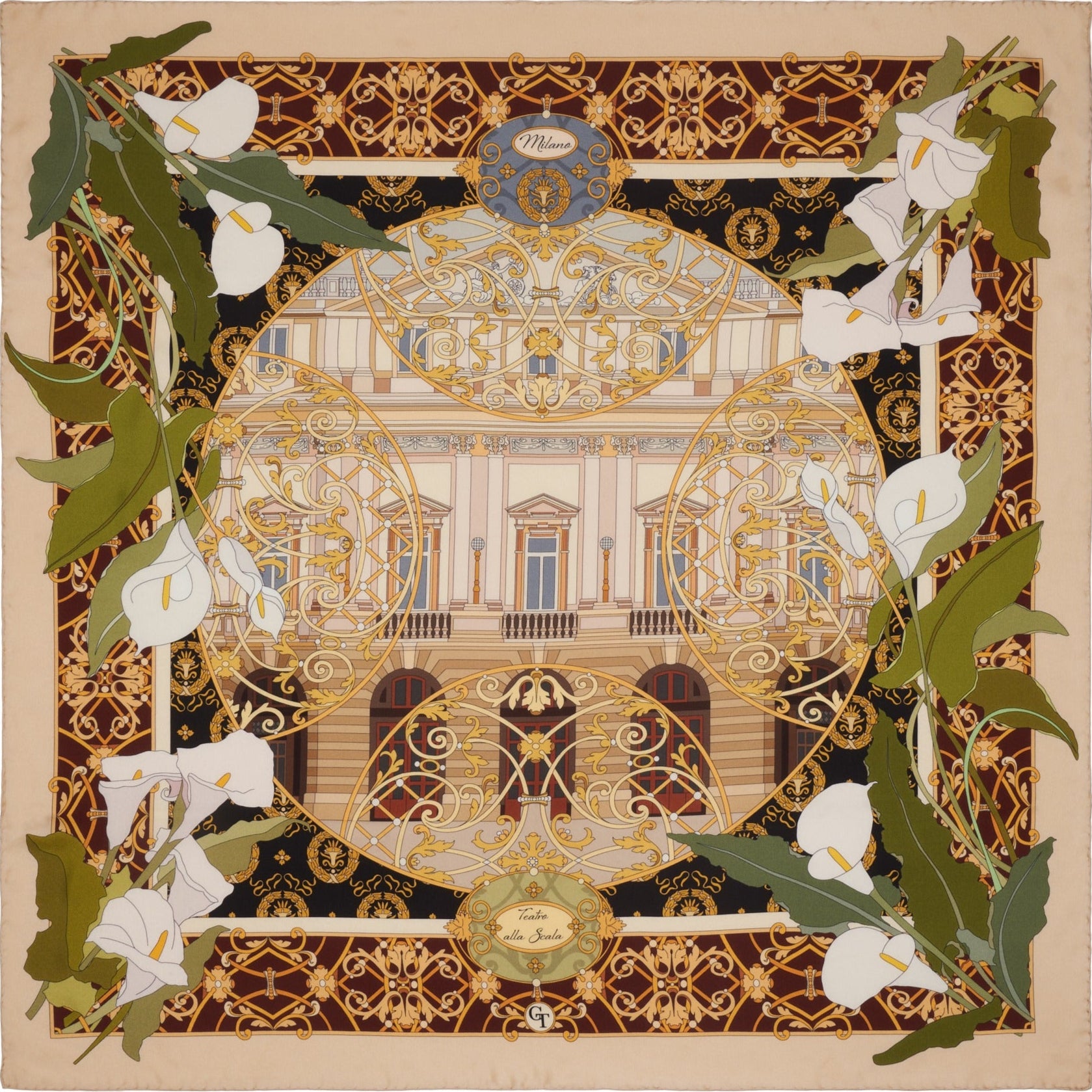 silk scarf depicting flowers and the facade of theatre La Scala in Milan
