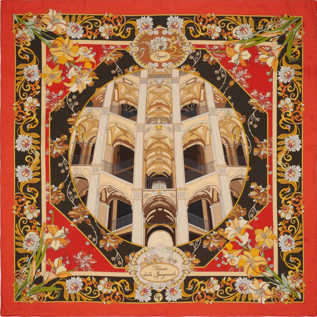 red, white, black and gold silk scarf depicting flowers and the staircase of the Spagnuolo palace in Naples