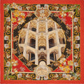 red, white, black and gold silk scarf depicting flowers and the staircase of the Spagnuolo palace in Naples