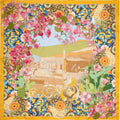 colourful silk scarf depicting flowers and the greek theatre of Taormina