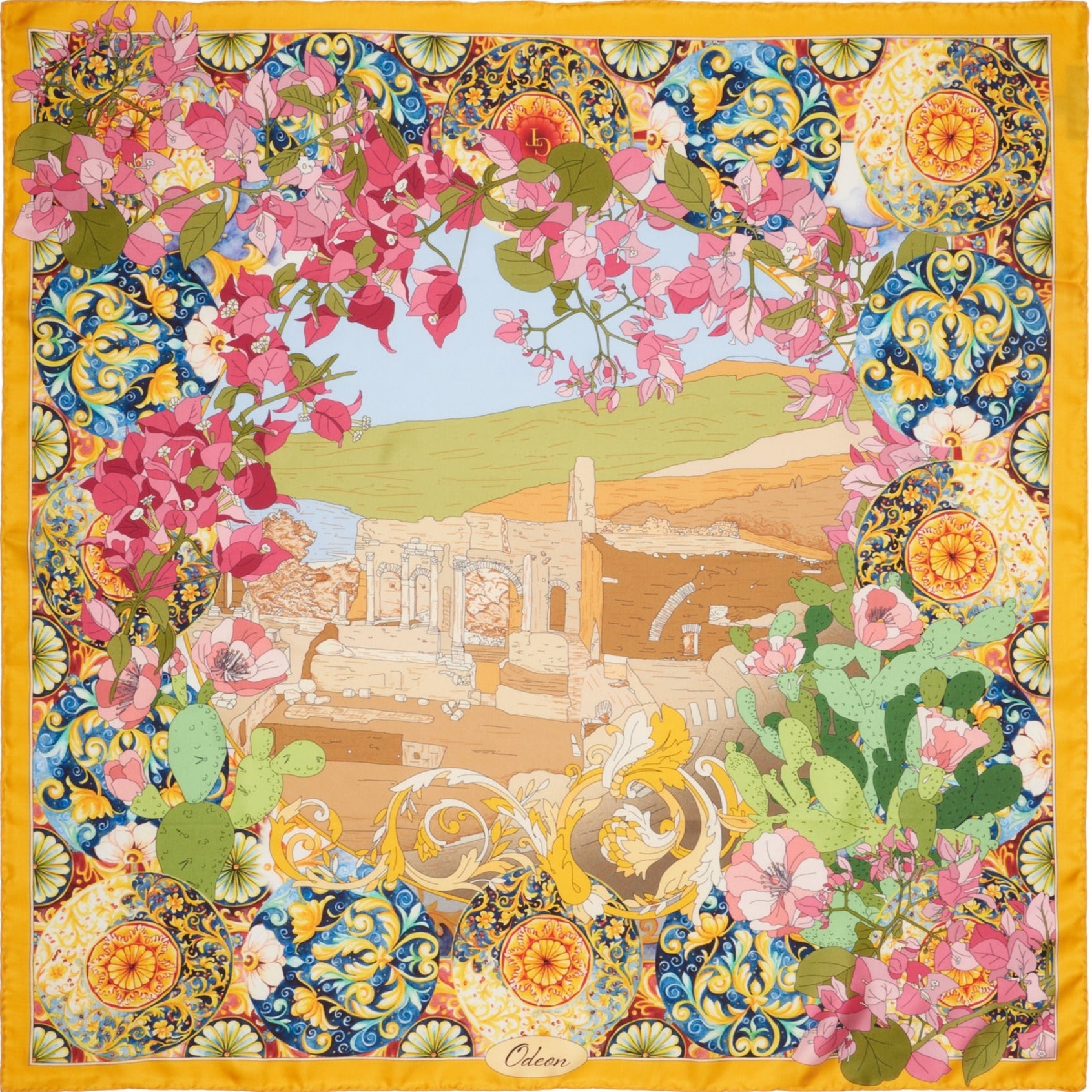 colourful silk scarf depicting flowers and the greek theatre of Taormina