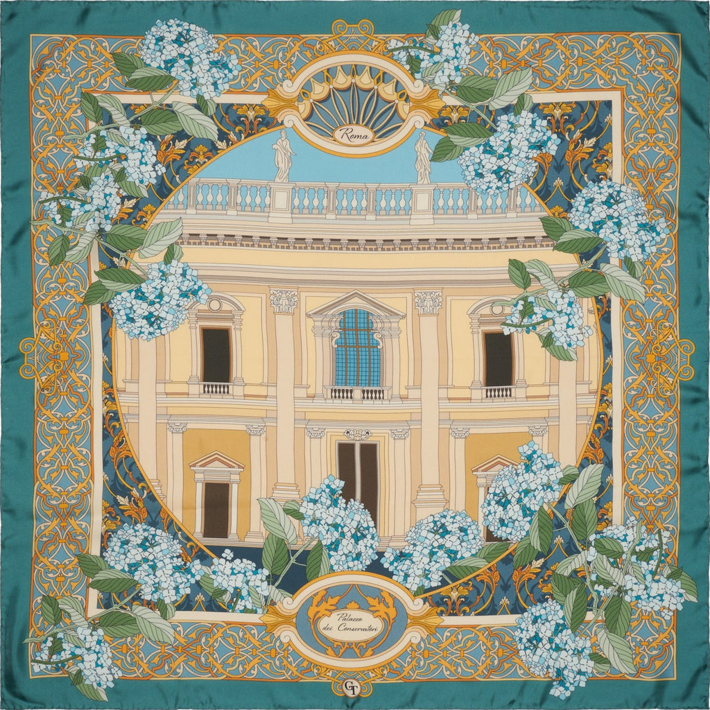 blue silk scarf with golden decorations and a depiction of a Roman palace