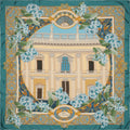 blue silk scarf with golden decorations and a depiction of a Roman palace