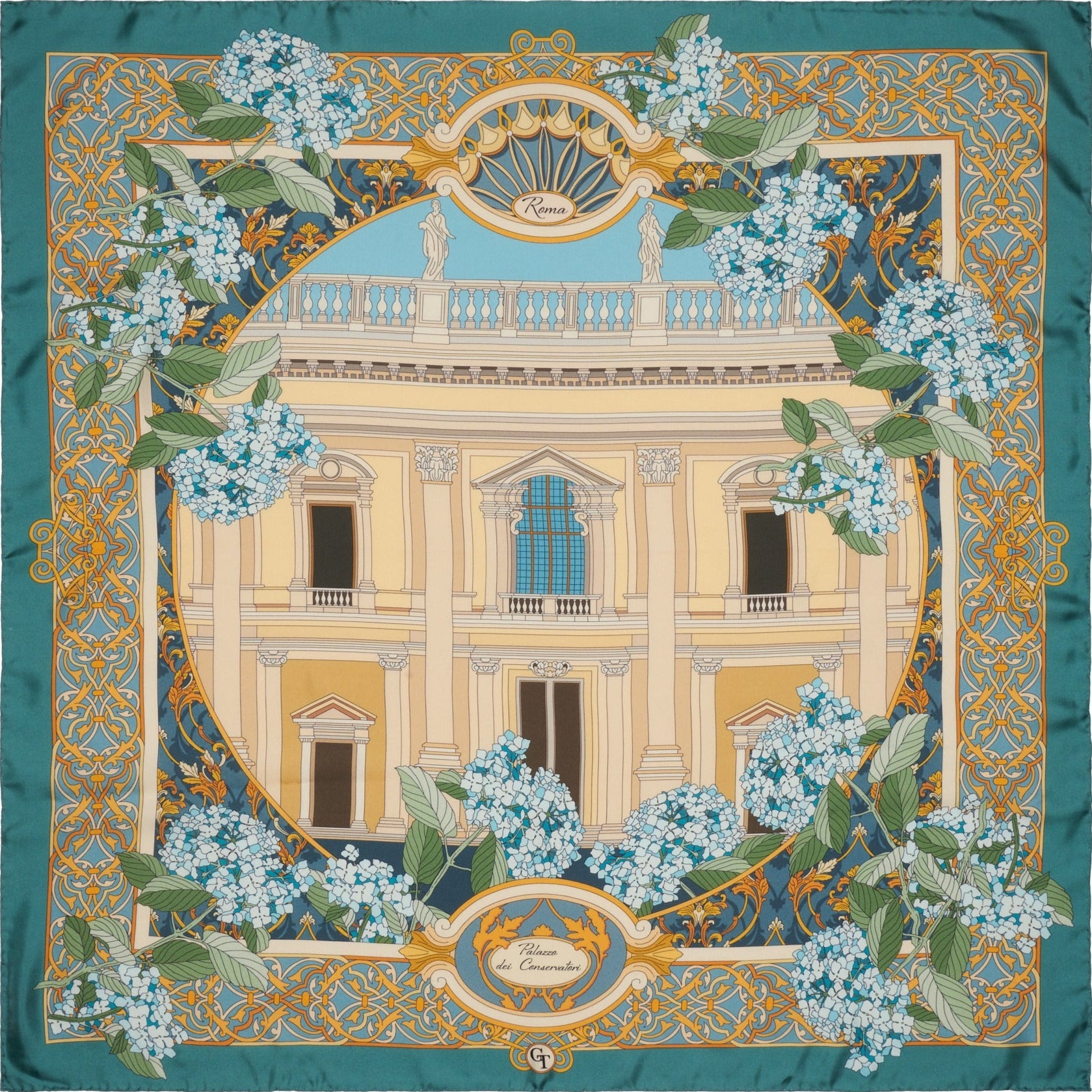 blue silk scarf with golden decorations and a depiction of a Roman palace
