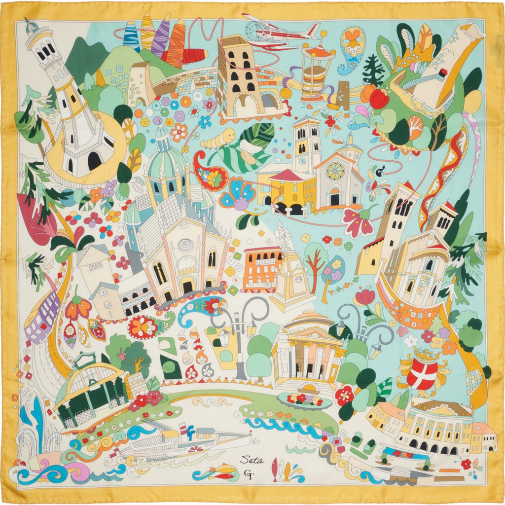 colourful silk scarf depicting landmarks of the city of Como
