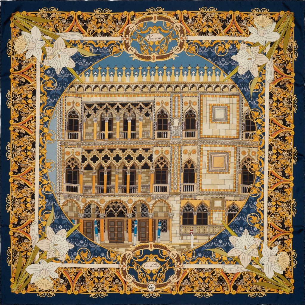 blue and gold silk scarf depicting flowers and the Ca d'oro palace in Venice