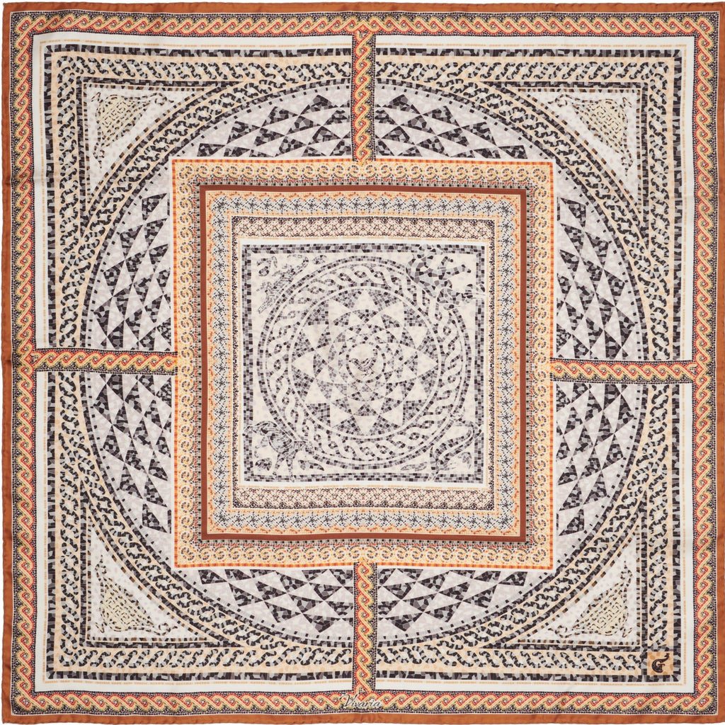 black, white, red and gold silk scarf depicting mosaics with geometric patterns and animals