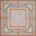 black, white, red and gold silk scarf depicting mosaics with geometric patterns and animals