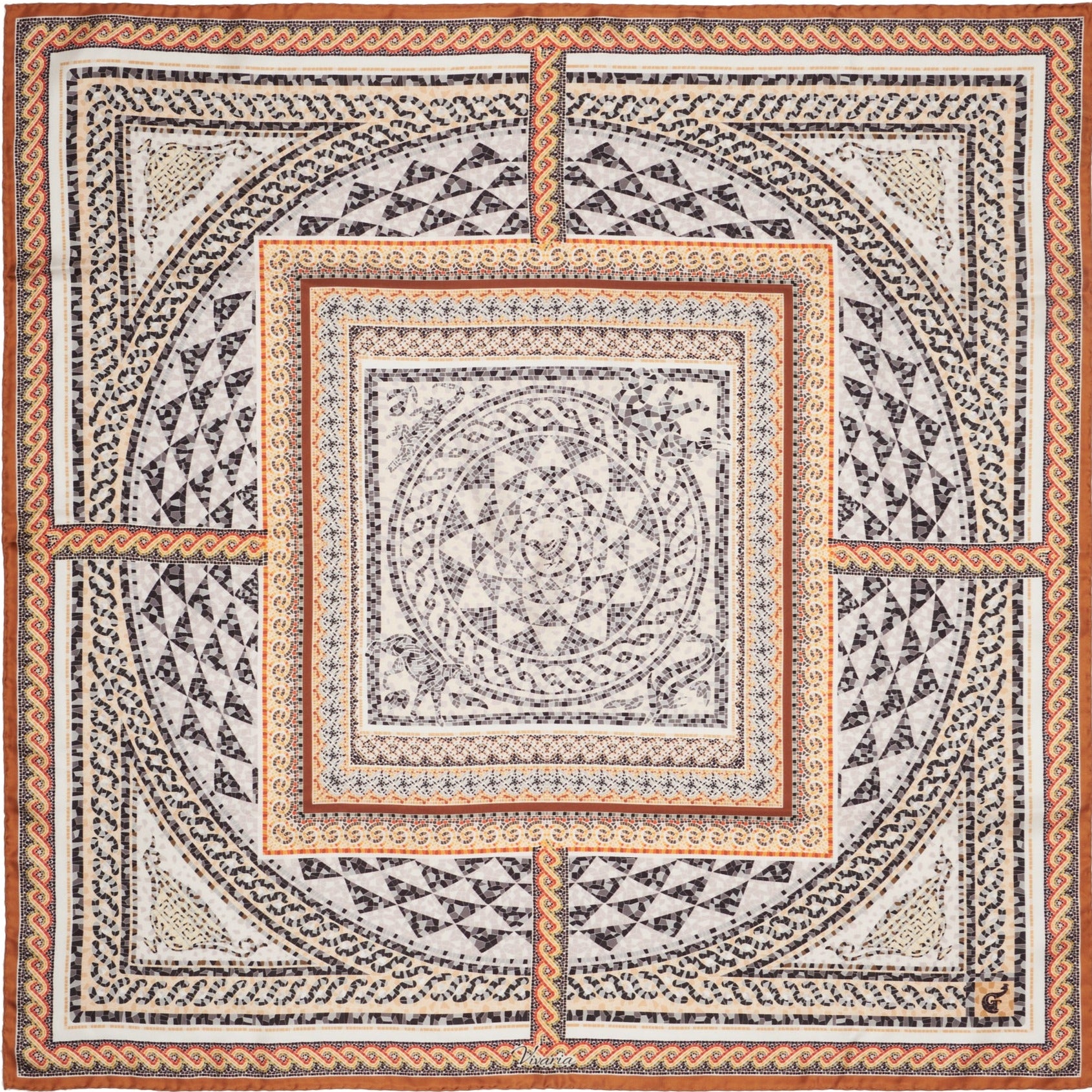 black, white, red and gold silk scarf depicting mosaics with geometric patterns and animals