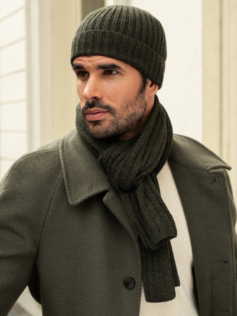 Milano (dark green) - Italian 100% cashmere ribbed beanie (unisex)