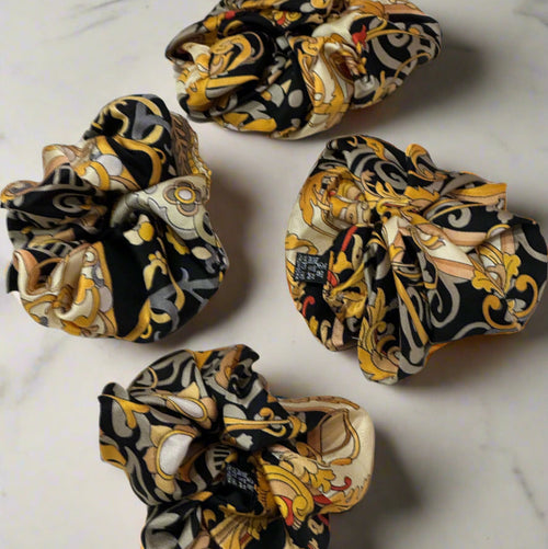 silk scrunchie with gold and black baroque design
