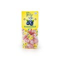 A package of Perle sole gelatine candies with blueberry flavor, featuring a bright yellow label with blueberry graphics and a clear bag showing pink and yellow wrapped candies inside, set against a plain white background.