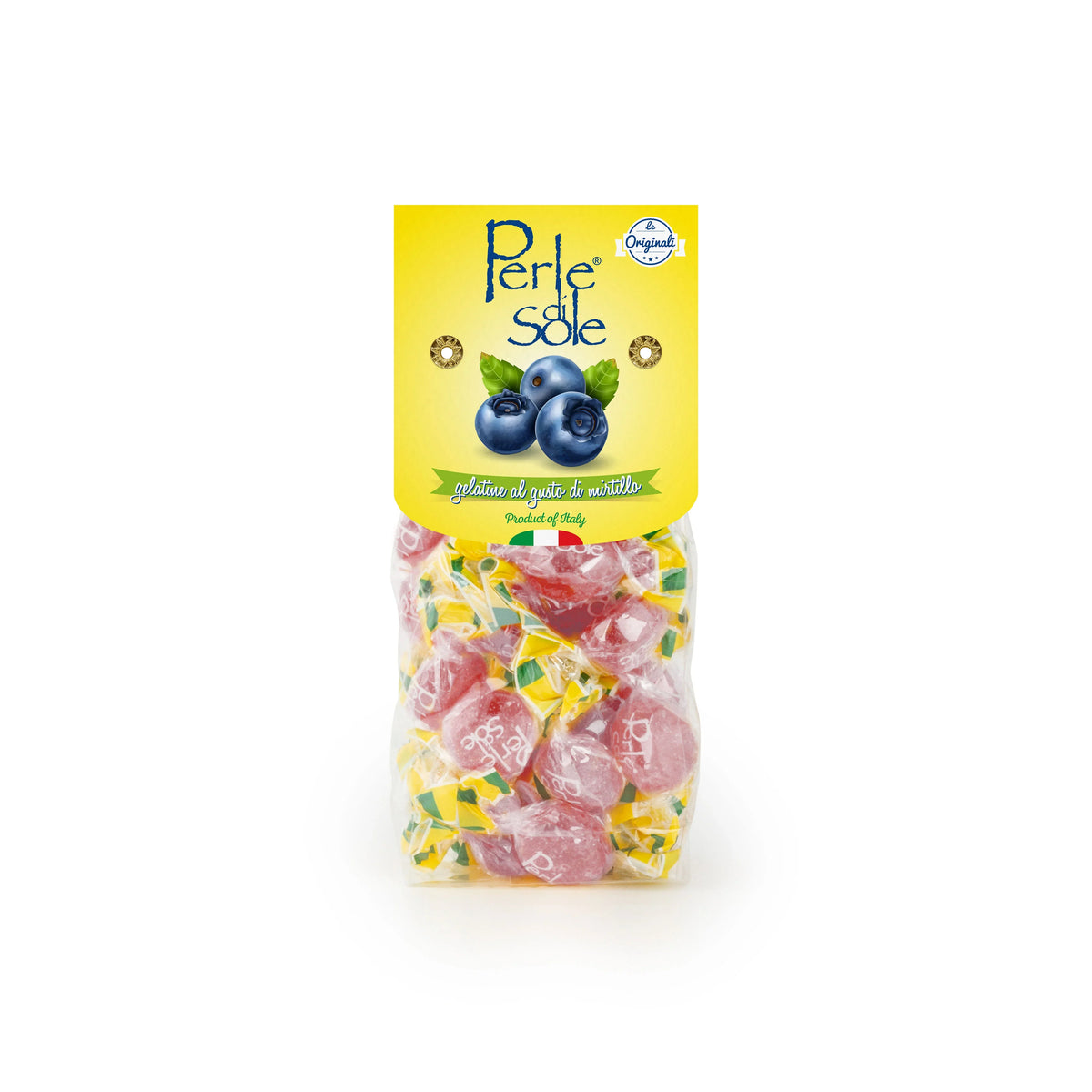 A package of Perle sole gelatine candies with blueberry flavor, featuring a bright yellow label with blueberry graphics and a clear bag showing pink and yellow wrapped candies inside, set against a plain white background.