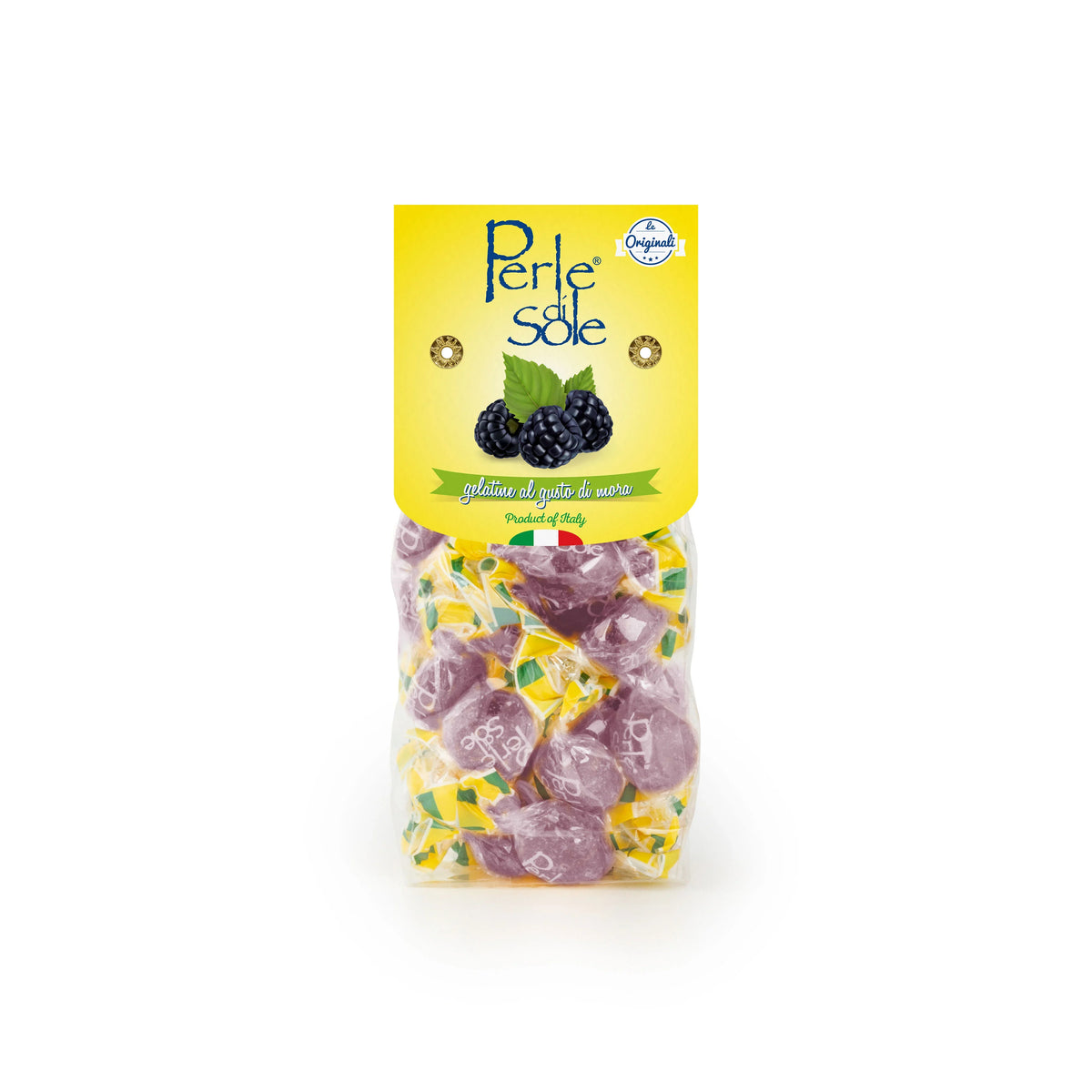 A package of Perle Sole gluten free and vegan blackberry gummy candies, featuring a bright yellow label with blackberry illustrations and a clear bag showing purple gummies inside, set against a plain white background.