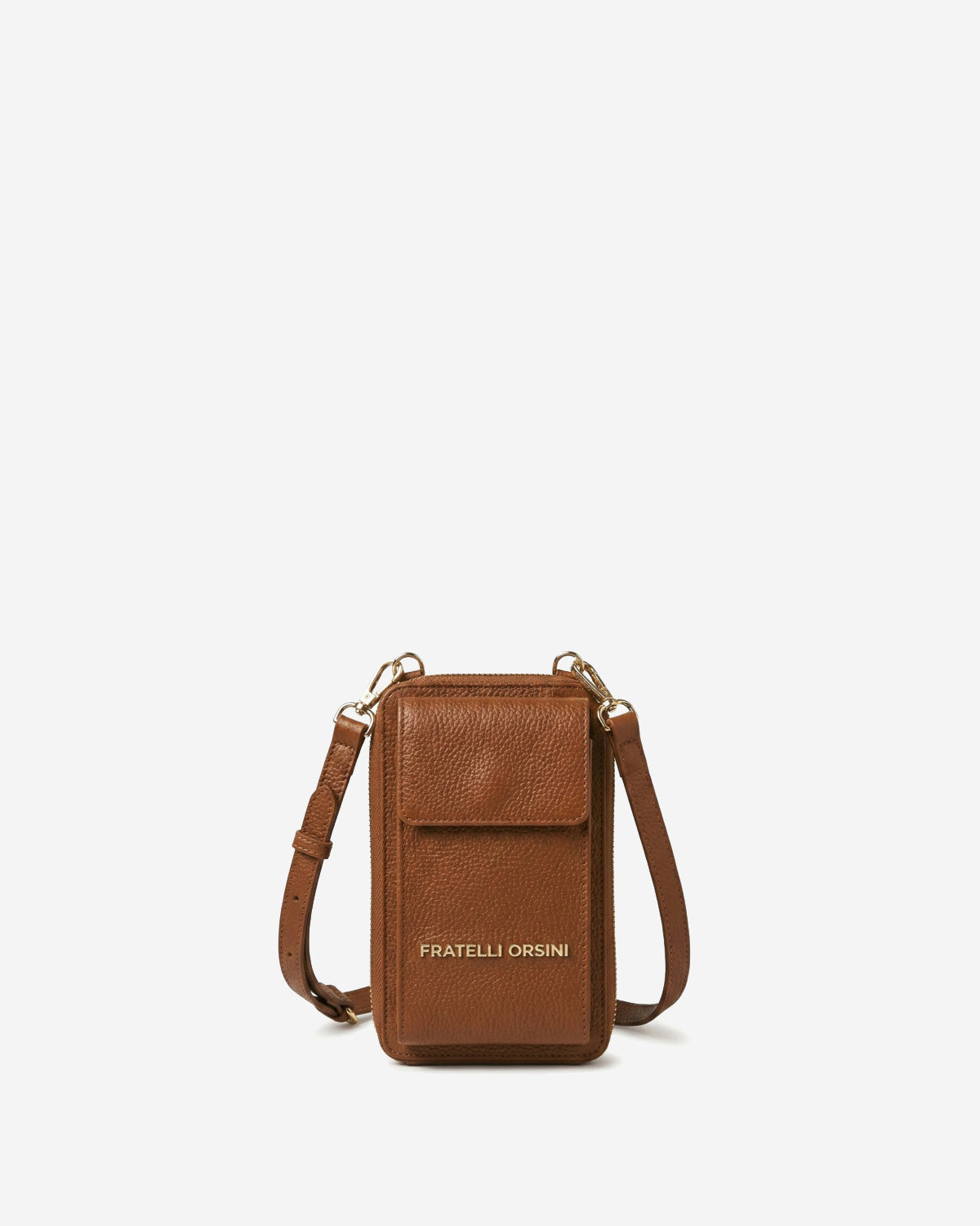 Brown leather crossbody bag with 'Fratelli Orsini' branding on a white background