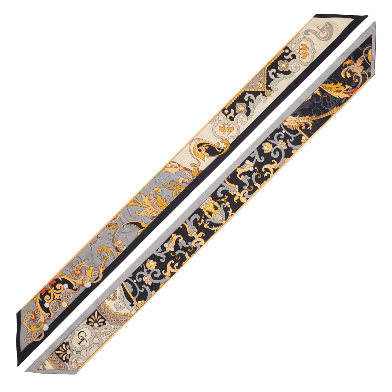 silk twilly with black and gold artistic decorations