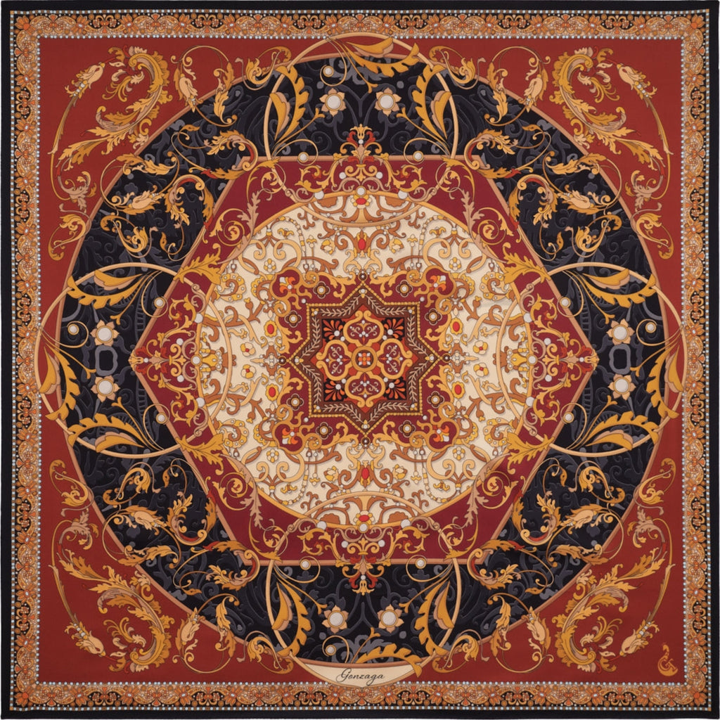 red, white, black and gold silk scarf with geometric and floral patterns inspired by palaces of the Gonzaga family