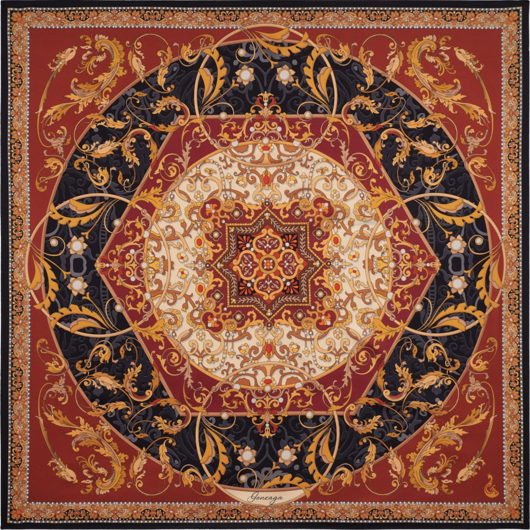 red, white, black and gold silk scarf with geometric and floral patterns inspired by palaces of the Gonzaga family