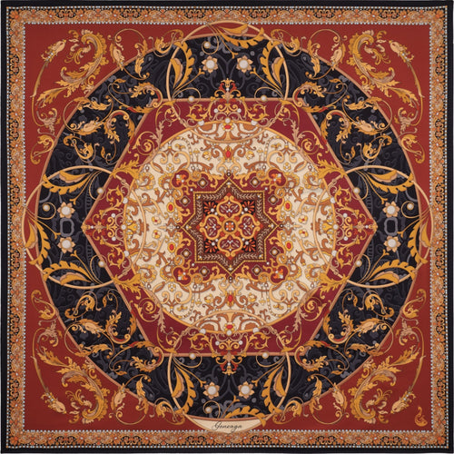 red, white, black and gold silk scarf with geometric and floral patterns inspired by palaces of the Gonzaga family