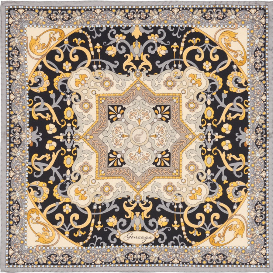 black, white and gold silk scarf with artistic design