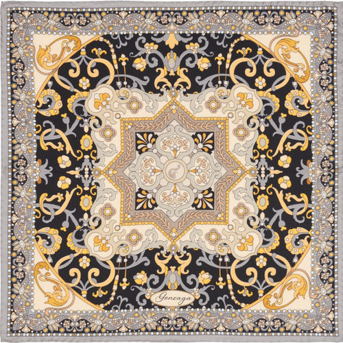 black, white and gold silk scarf with artistic design