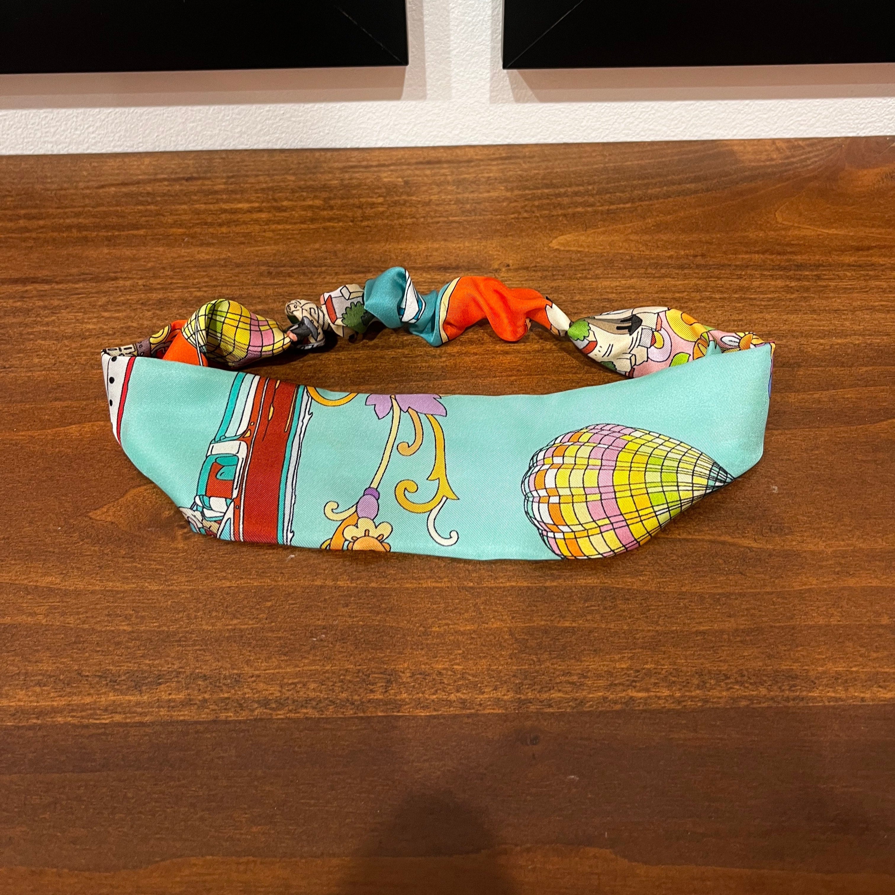 Light blue silk headband with cartoon flowers