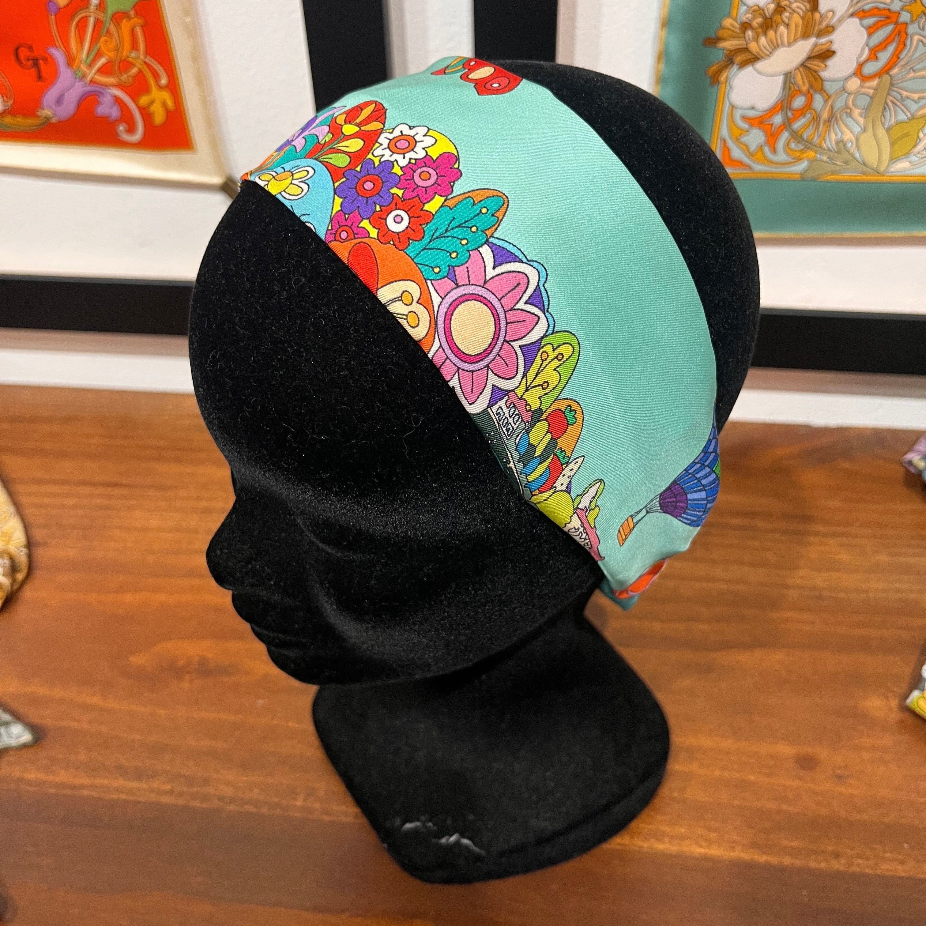 Light blue silk headband with cartoon flowers