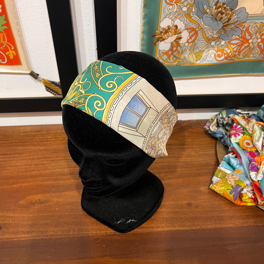 green and white silk headband with architectural design
