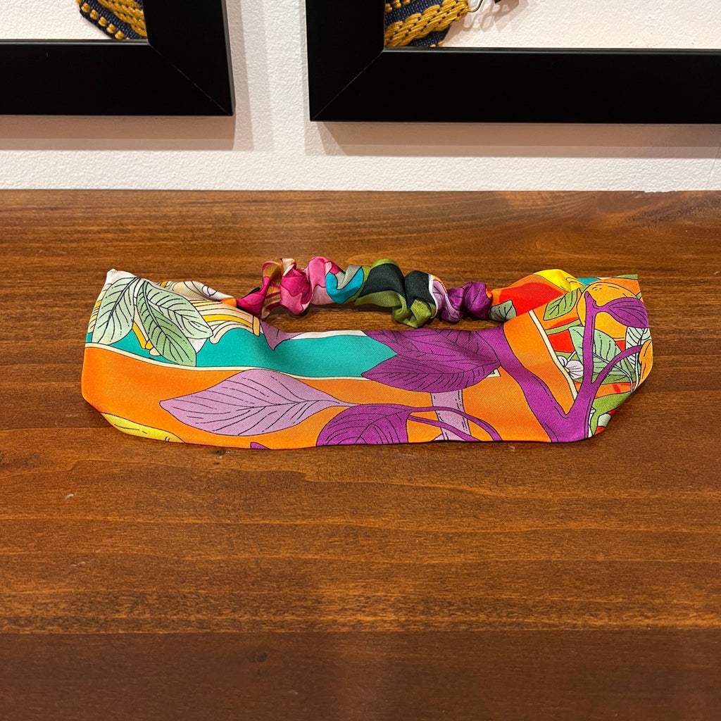 orange and purple headbnd with flowers and lemons design
