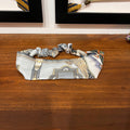 grey and gold silk headband with architectural design