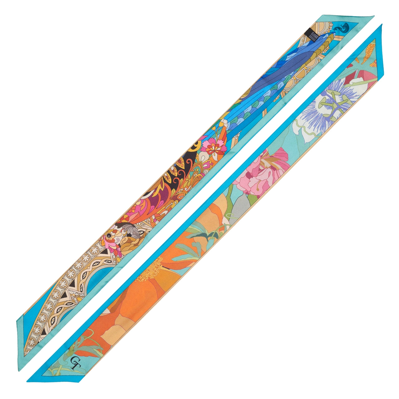 blue and orange twilly with flowers and a parrot design