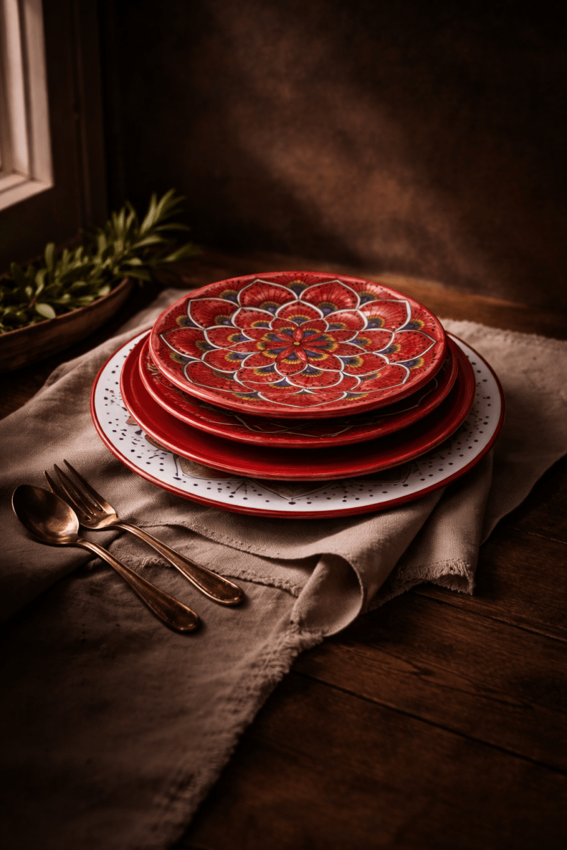 Intreccio Red 4-Piece Place Setting | Hand-Painted Italian Dinnerware from Deruta