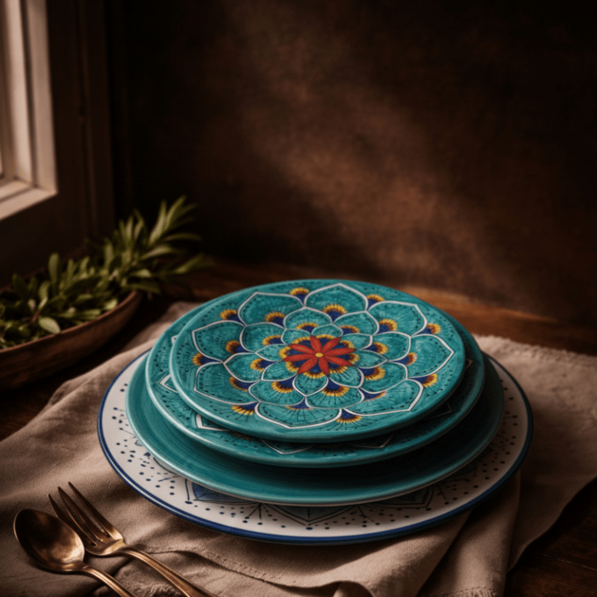 Intreccio Teal 4-Piece Place Setting | Hand-Painted Italian Dinnerware from Deruta
