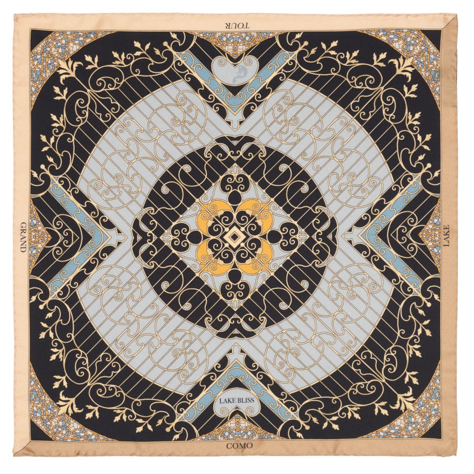 black, gold and blue silk scarf with golden gates design