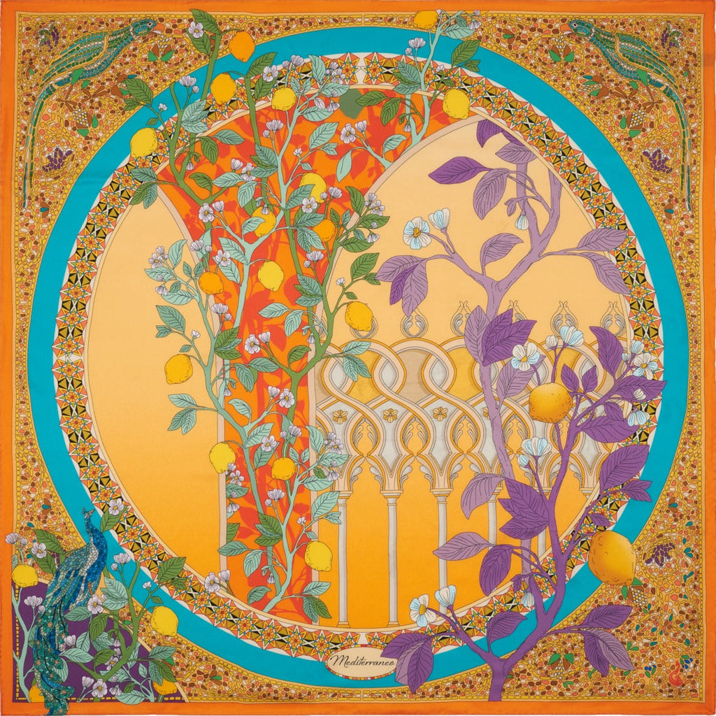 yellow and orange silk scarf depicting lemons, peacocks and mosaics