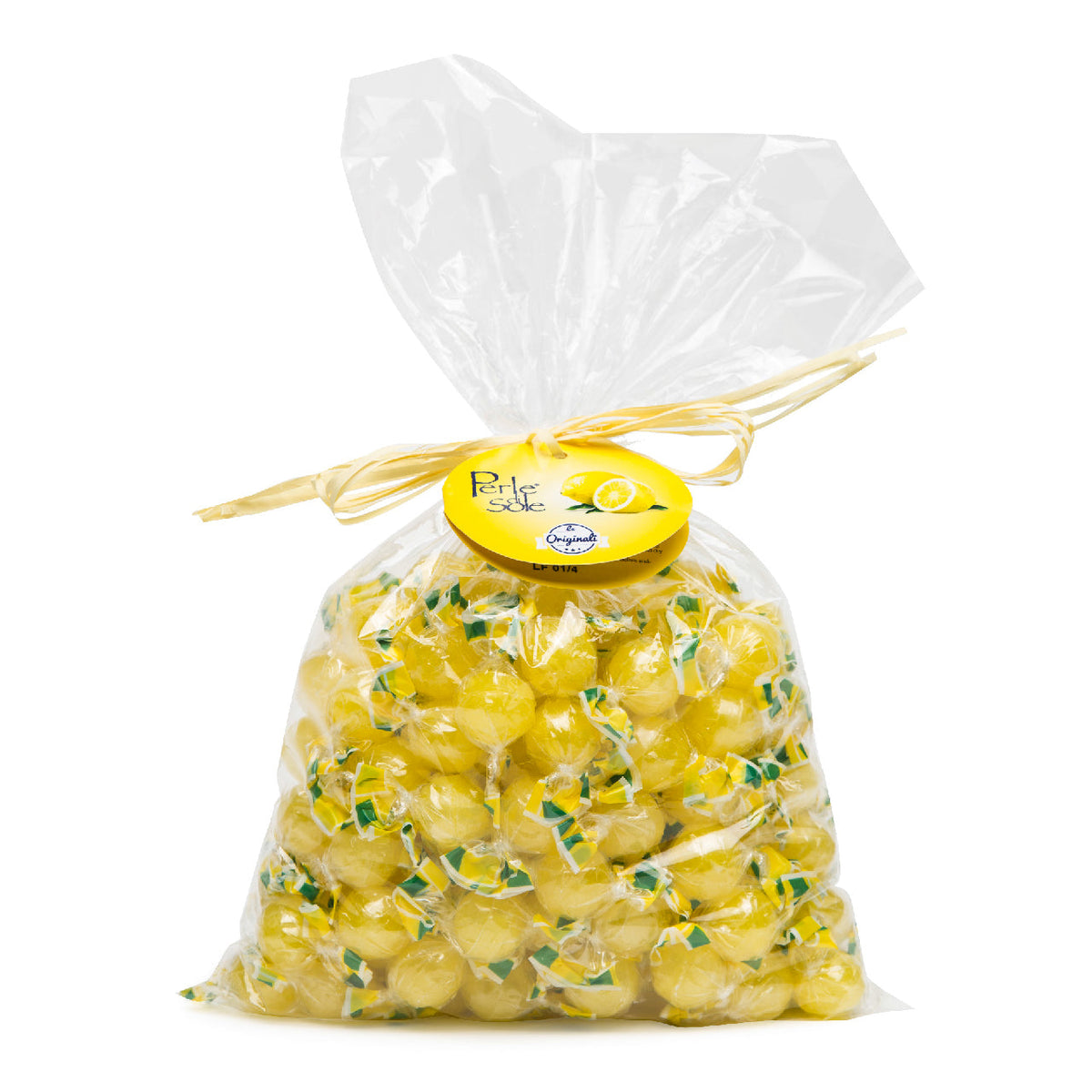 A clear plastic bag filled with yellow lemon-shaped candies, tied with a yellow ribbon and a round yellow label, on a white background.
