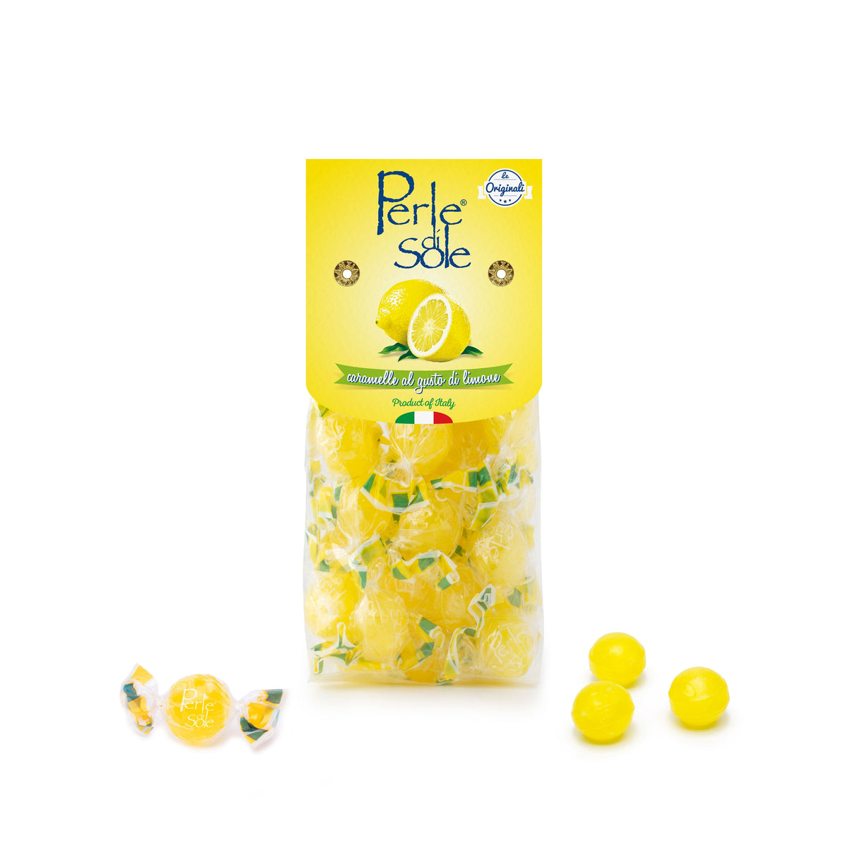 A package of Perle Sole lemon-flavored gumdrops, shown in a clear bag with a bright yellow label, with three loose yellow gummies and two wrapped gummies placed on the white background.