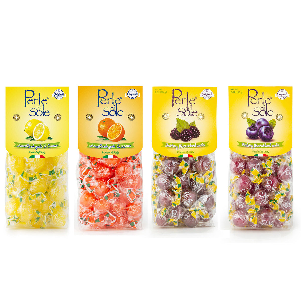Four bags of Perle Sole candy in different flavors (yellow lemon, red orange, purple blackcurrant, and dark purple plum) arranged side-by-side on a white background.