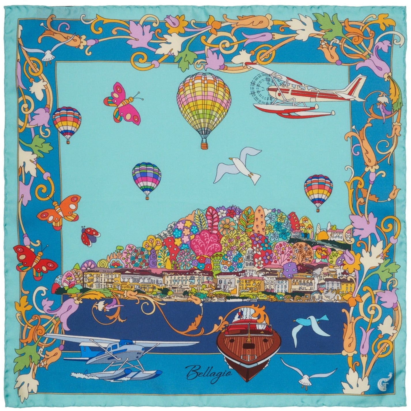 blue silk scarf with colourful design depicting the town of Bellagio