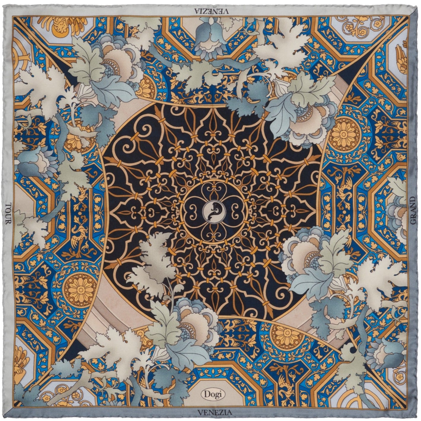 blue silk scarf depicting architecture and golden decorations from the city of Venice