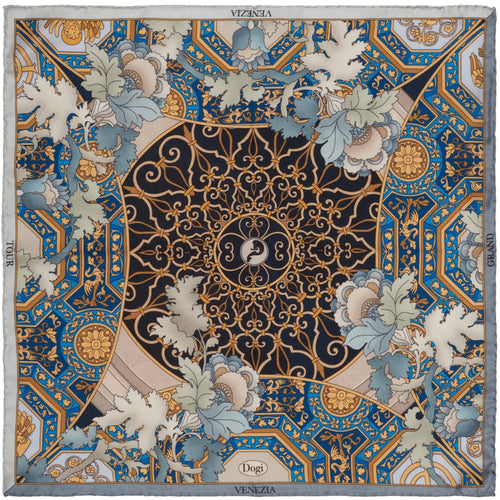 blue silk scarf depicting architecture and golden decorations from the city of Venice