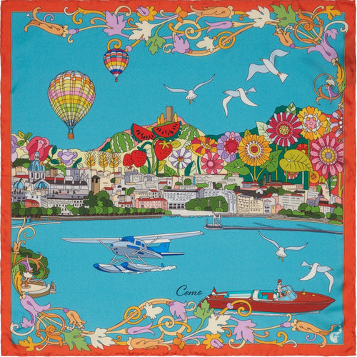 blue and coral red silk scarf with colourful design depicting the city of Como