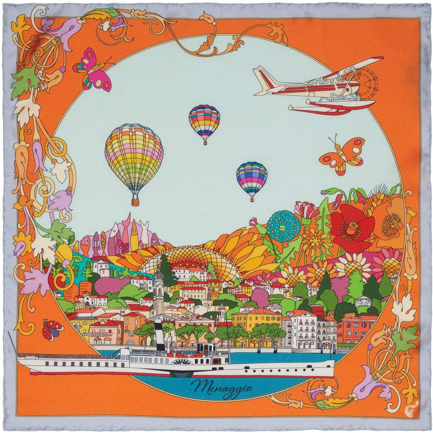 orange silk scarf with colourful decorations depicting the town of Menaggio on Lake Como