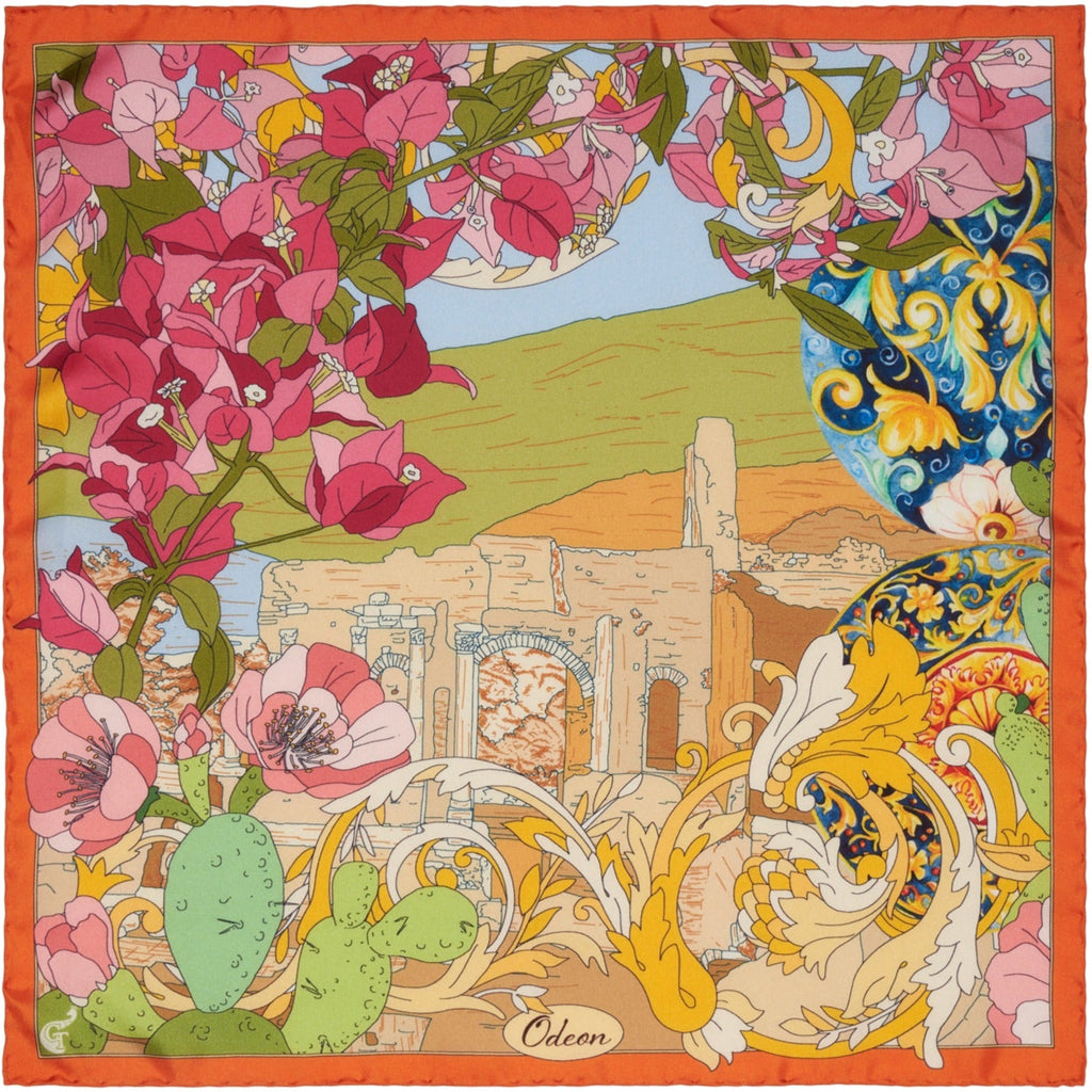colourful silk scarf depicting flowers surrounding the greek theatre of Taormina