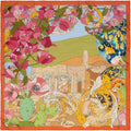 colourful silk scarf depicting flowers surrounding the greek theatre of Taormina