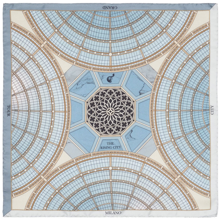 silk scarf blue, gold and white, depicting the roof of Milan's galleria Vittorio Emanuele