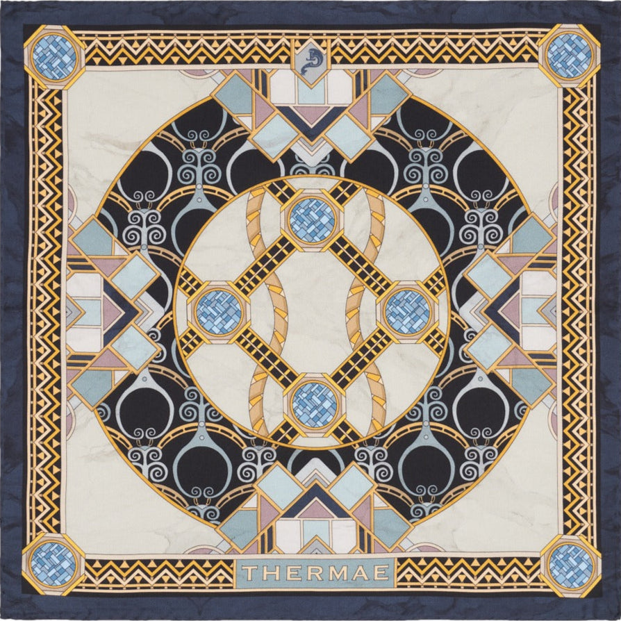 black, white and gold silk scarf with Art Nouveau architectural designs