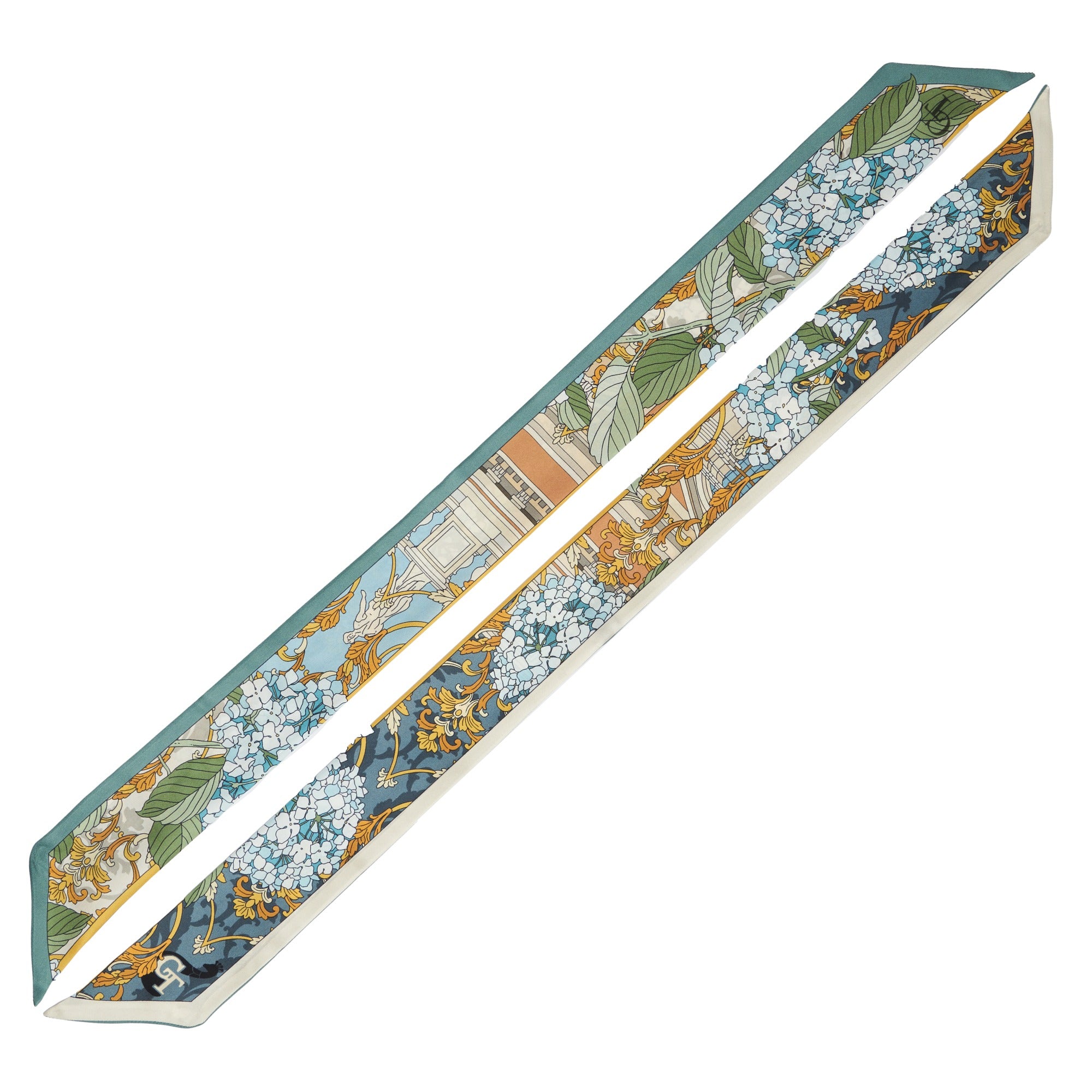 silk twilly with blue, green white and gold designs depicting Roman statues and flowers