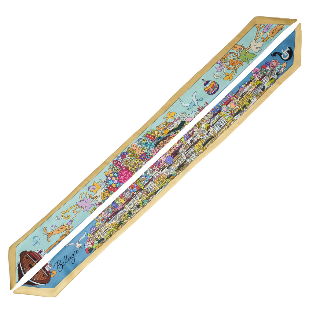 silk twilly with colourful design of the town of Bellagio