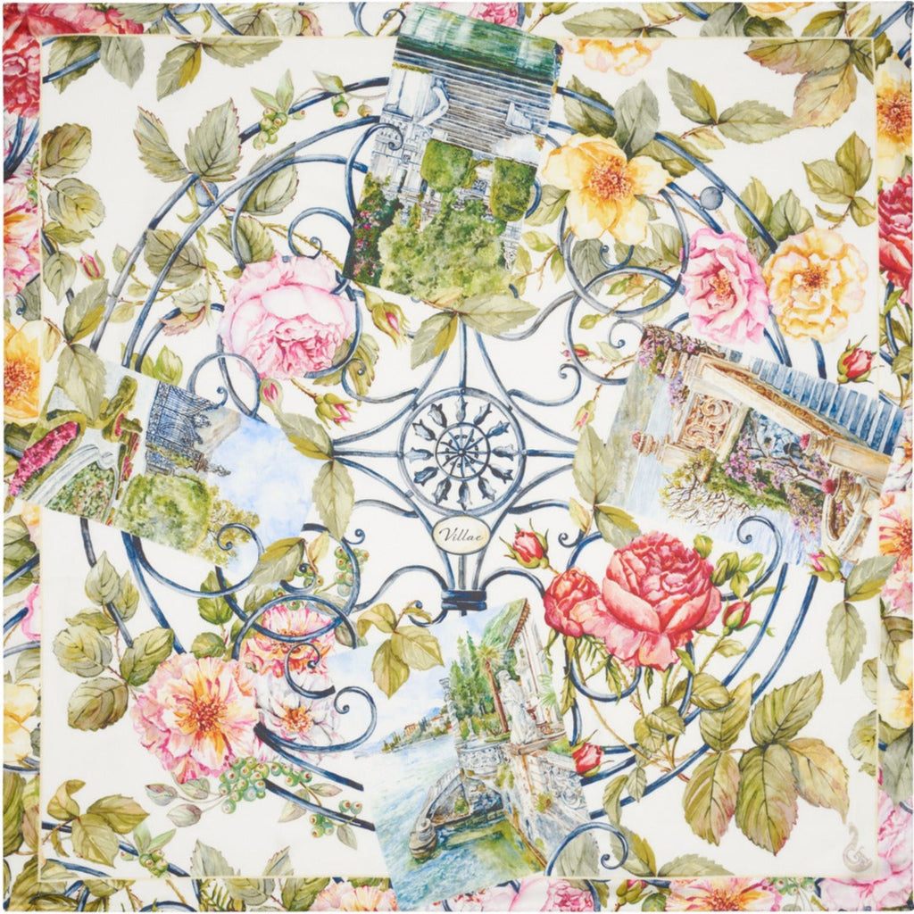 colourful silk scarf depicting flowers, wrought iron and four villas on Lake Como